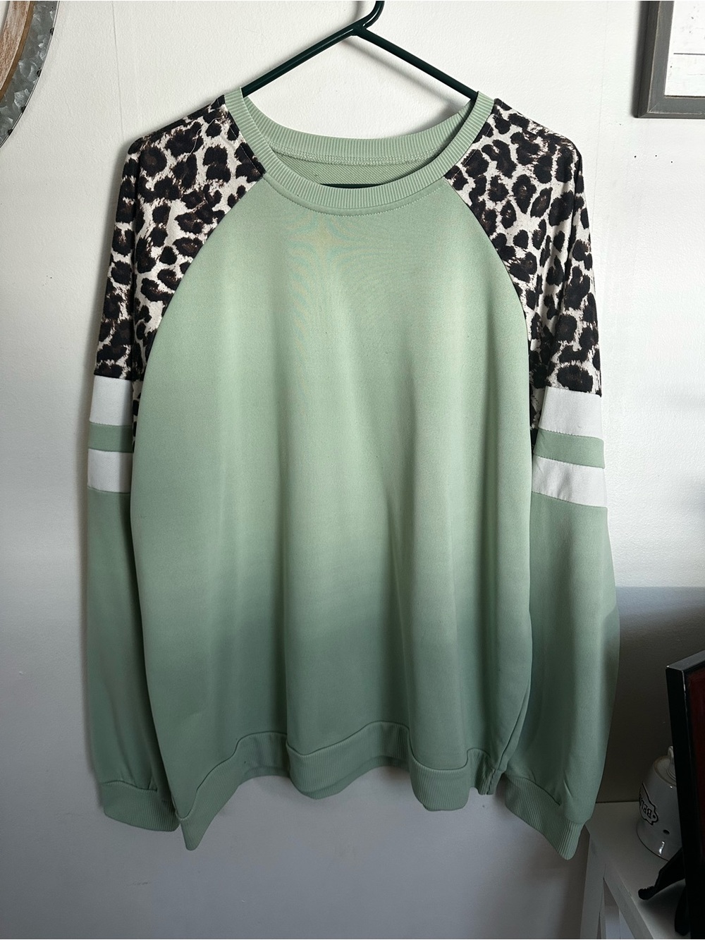 Sage Green Sweatshirt with Leopard Print Shoulders X-Large